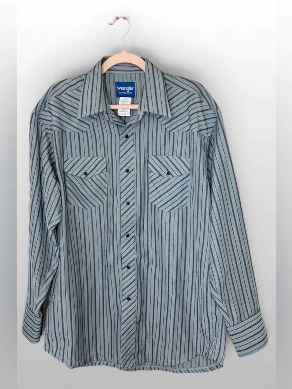 Wrangler Western Shirt Mens L Gray Striped Pearl Snap Cowboy Rodeo Long Sleeve